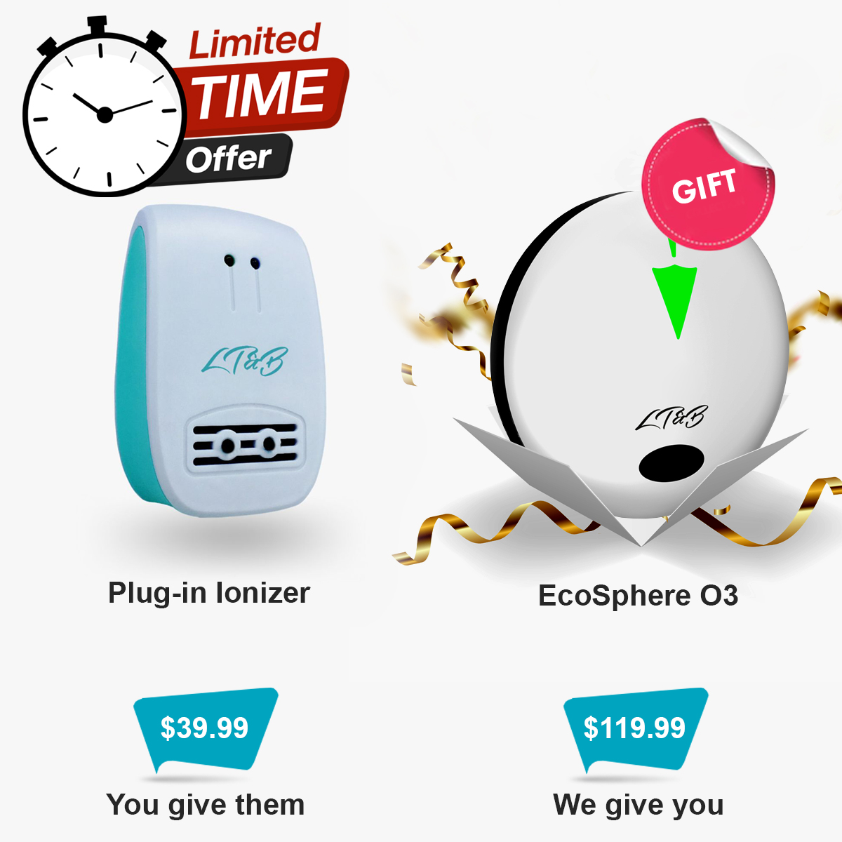 Purchase Plug-in Ionizer for $39.99 as a gift for a friend and receive EcoSphere O3 for $119.99 as our gift to you