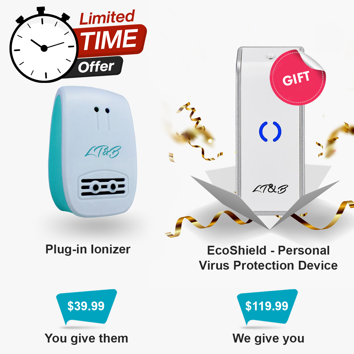 Purchase Plug-in Ionizer for $39.99 as a gift for a friend and receive Personal Virus Protection Device EcoShield for $119.99 as our gift to you