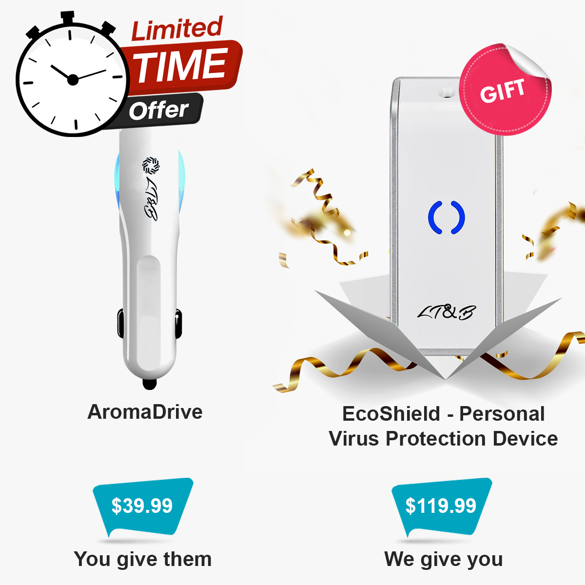 Purchase AromaDrive for $39.99 as a gift for a friend and receive EcoShield - Personal Virus Protection Device for $119.99 as our gift to you