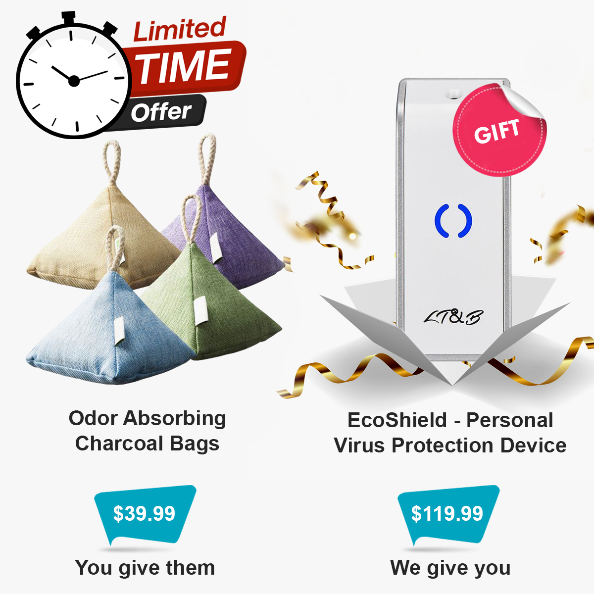 Purchase Purchase Odor Absorbing Charcoal Bags for $39.99 as a gift for a friend and receive Personal Virus Protection Device EcoShield for $119.99 as our gift to you